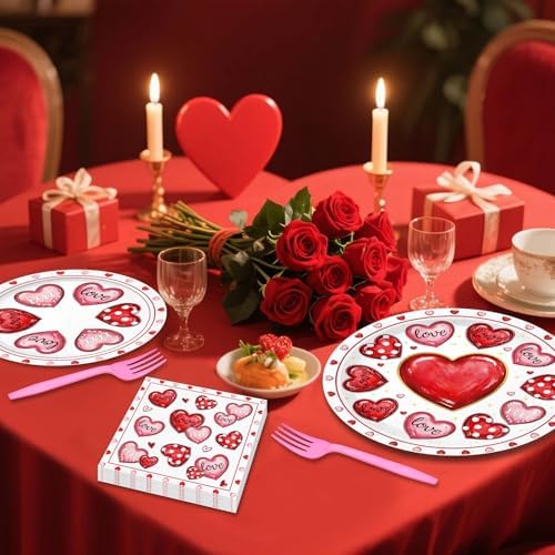 96 Pieces Valentine’s Day Tableware Set – Pink Red White Disposable Plates, Napkins, and Forks with Heart Designs for Valentine’s Parties, Weddings, and Romantic Celebrations – Serves 24 Guests