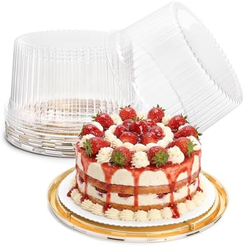 Fasmov 5 Pack Disposable Plastic Cake Containers with Carrier Holder, 10 Inch Round Bundt Cake Boxes Clear Cupcake Holder for 1-2 Layer Cheesecake, Desserts, Bundt Cake Pie Bakery Supplies