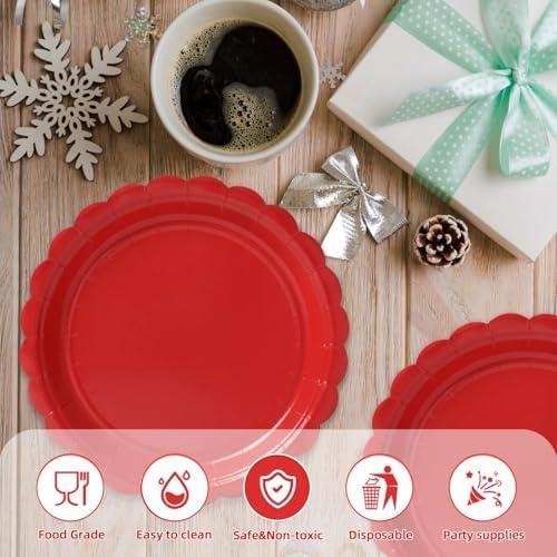 Vyntra 50 Pcs Red 7 Inch Scalloped Paper Dessert Plates