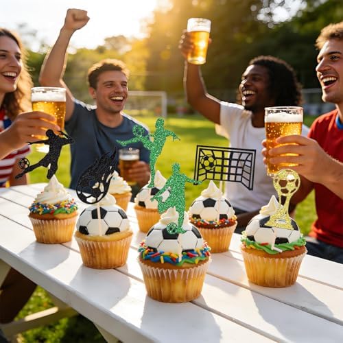 24Pcs Soccer Cuocake Toppers, Glitter Soccer Ball Party Cake Decorations