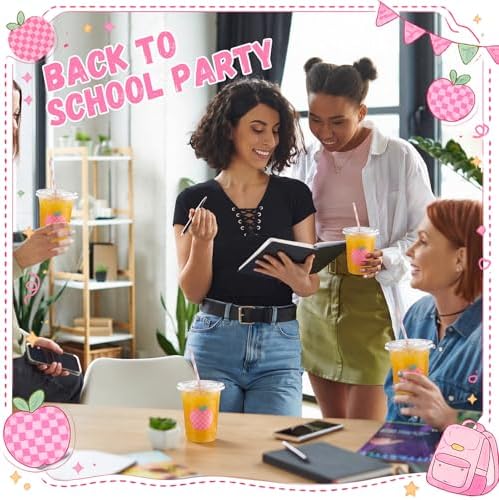 Funnymoom 50 Sets Back to School Apple Disposable Plastic Cups Bulk with Lids Straws 16 oz Checkered Apple Clear Cups First Day of School Party Favors for Classroom Decorations Teacher Party