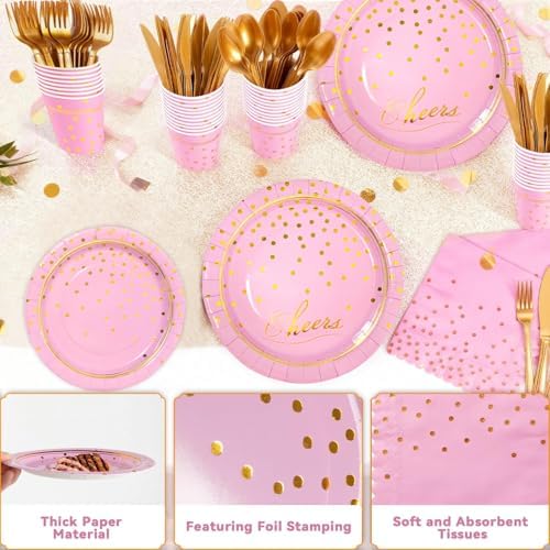 168Pcs Pink and Gold Paper Plates and Napkins Party Supplies for 24 Guest