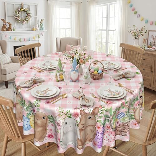 Easter Tablecloth 60 Inch Round, Easter Rabbits Decorations for Home Table Cloth, Pink Buffalo Plaid and Flowers Decor Tablecloths Polyester for Picnic Party Dinner