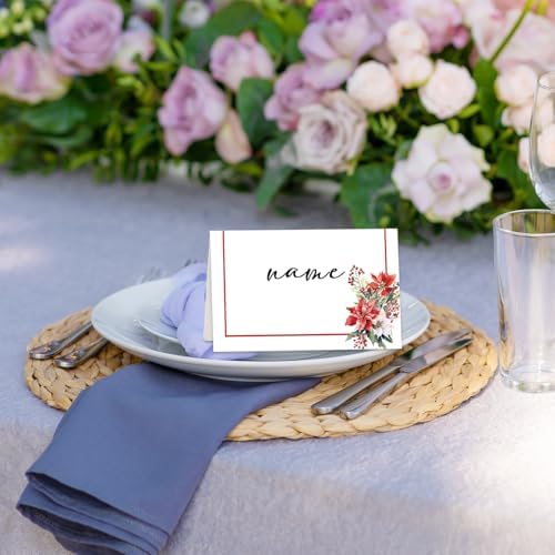 Christmas Place Cards for Table Setting, Poinsettia Tent Cards Decor For Bridal Baby Shower Party Reception Decorations, Winter Holiday Placecards, 25 Pack Birthday Food Name Card, 2 x 3.5" /015