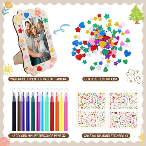 Yalikop 12 Pack Wooden Picture Frame Painting Craft Kit with Stickers DIY Craft Picture Frames for 4" x 6" Photos Unfinished Standing Photo Frame Decorate for Mother's Day DIY Crafts Gift