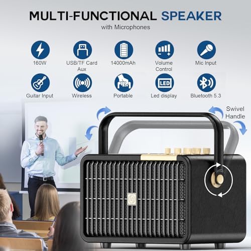 SUPNIU Wireless Voice Amplifier Professional Karaoke Machine with 2 UHF Microphones for Adults, 320W Peak Bluetooth Speaker PA System Treble & Bass for Home Party Wedding Outdoor Christmas Events L400