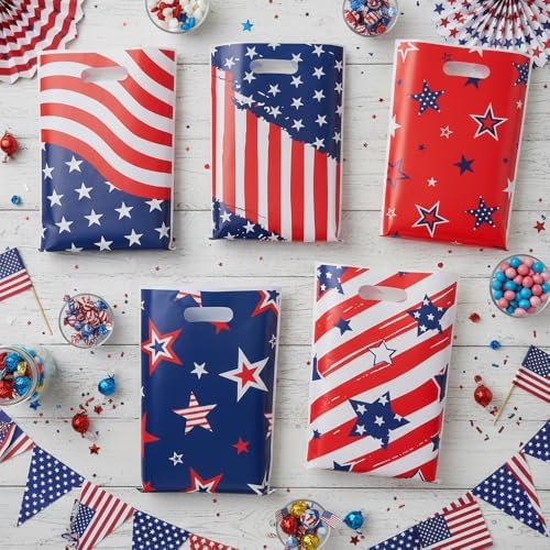 4th of July Treat Bags, 50PCS 4th of July Gift Bags with Handles, Plastic Red White and Blue Patriotic Star Cookie Goodie Candy Party Favor Bag for Independence Day Party Decoration Supplies, 6.7"x10"