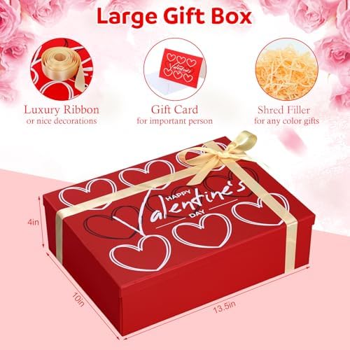 Ctosree 13.5 x 10 x 4 Inch Large Happy Valentine's Gift Box with Lid for Presents, Red Large Heart Luxury Foldable Cardboard Box for Gift Packing, Contains Card, Envelope, Ribbon, Raffia Grass