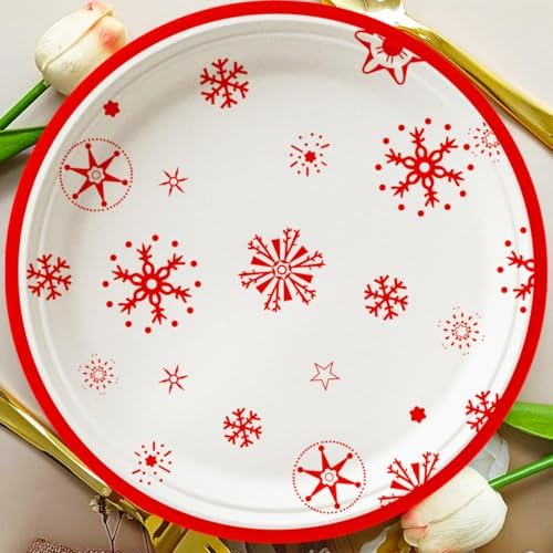 SHUYU 50 Count 7 Inch Round Christmas Snowflake Paper Plates, Red and White Holiday Disposable Dinner Plates Festive Winter Party ableware