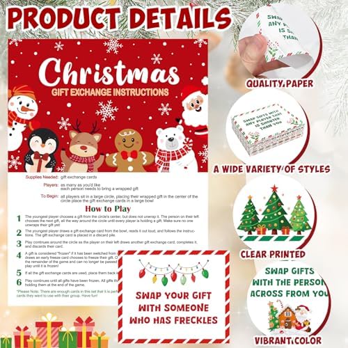 61 Pcs Christmas Gift Exchange Game Cards Merry Christmas Party Games White Elephant Gift Exchange Card Xmas Holiday Present Swap for Adults Large Group Family Women Men Coworker Supplies Winter Paper