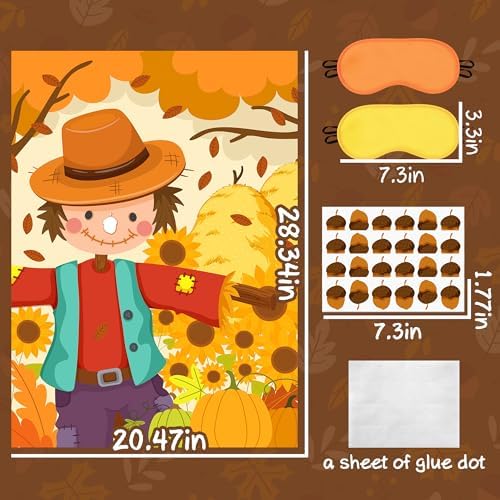 Fall Themed Pin the Nose On the Scarecrow Party Game Poster with 24 Pcs Acorn Stickers Fun Autumn Harvest Party Activity Decorations Supplies for Thanksgiving Halloween Fall Festivals Birthday
