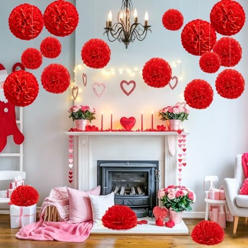 Recosis Red Party Decorations, 18 Pcs Paper Pom Poms Decorations