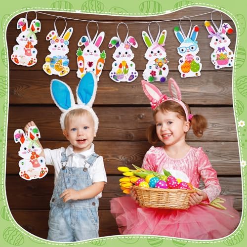Funrous 48 Sets Crafts Kit Paper Crafts DIY Make Your Own Hanging Ornaments with Pompoms Diamond Stickers for Holiday Classroom Activities Party Favors, Easter Bunny