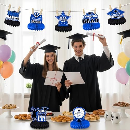Graduation Decorations Class of 2026, Centerpieces for Tables, Congrats Grad Honeycomb Table Toppers, Graduation Party Supplies, Blue