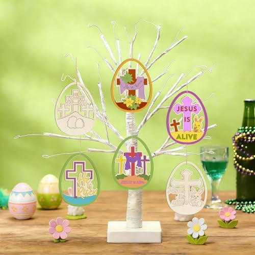 36PCS Wooden Easter Ornaments to Paint, Christian DIY Blank Unfinished Wood Egg Cutouts for Crafts Hanging Decorations Happy Easter Hallow Cross He is Risen Jesus is Alive Rabbit Religious Lily