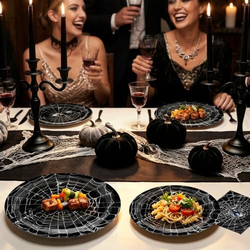 100 Pcs Halloween Spider Web Party Tableware Set – Disposable Spider Plates, Napkins and Forks with Black Spider Web Design for Halloween Party Decorations, Haunted House and Spooky Celebrations