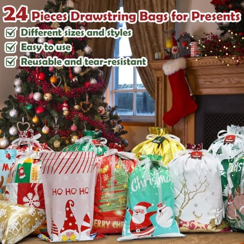 Habaylin 24PCS Christmas Drawstring Gift Bags, Xmas Gift Bags for Presents
