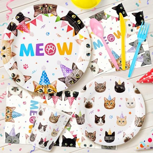 Cats Birthday Party Plates Set,168PCS Cat Birthday Tableware Party Supplies