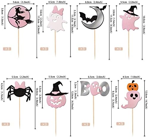 24 PCS Spooky Halloween Cupcake Toppers Pink Glitter Bat Pumpkin Spider Witch Ghost Boo Spooky Cupcake Picks for Halloween Theme Baby Shower Kids Birthday Party Cake Decorations Supplies