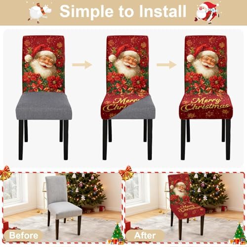 Christmas Chair Covers Set of 4, Santa Claus Dining Chair Slipcovers with Poinsettia Flowers and “Merry Christmas” for Holiday Décor