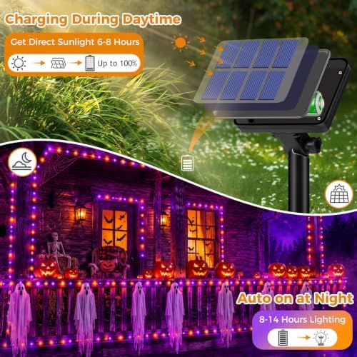btfarm Orange Purple Solar Halloween String Lights Outdoor 2 Pack