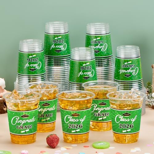 JOYIN 100 Pcs 16oz Graduation Party Plastic Cups (Green), PET Cup Tableware Bulk for Class of 2026 Graduates, Disposable Cups for 2026 High School College Graduation School Festivities Party Supplies