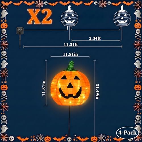 BRIGHTDECK Halloween Solar Pathway Lights Outdoor, LED Decor, Light Up Solar Stake Lights for Holiday, Halloween, Walkway, Sidewalk (Foldable Pumpkin, 4-Pack)