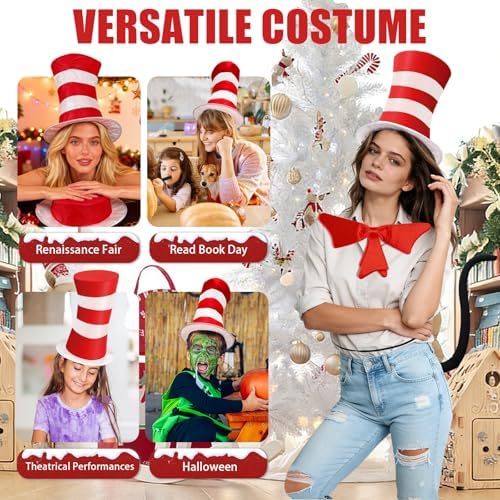 Red and White Striped Top Hat, Adult Standard Size, Cat Hat Costume Halloween Role-Play Party Accessory