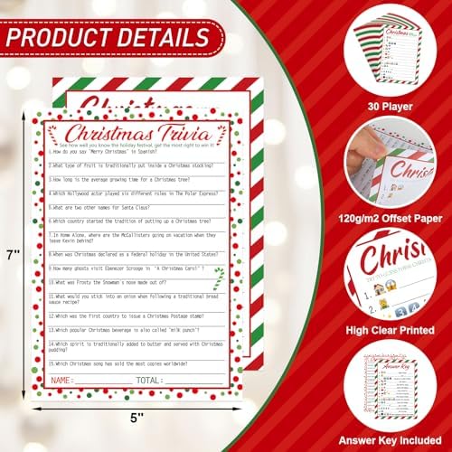 COCHIE 30 Players Christmas Party Games for Adults Family Office Large Groups, Xmas Parties Movies Pictionary Game, Riddle Game, Christmas Trivia Games with Answer Key (Xmas Quiz)
