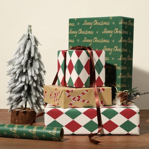 LaRibbons Kraft Christmas Vintage Wrapping Paper Set, 3 Rolls 17" x 120"