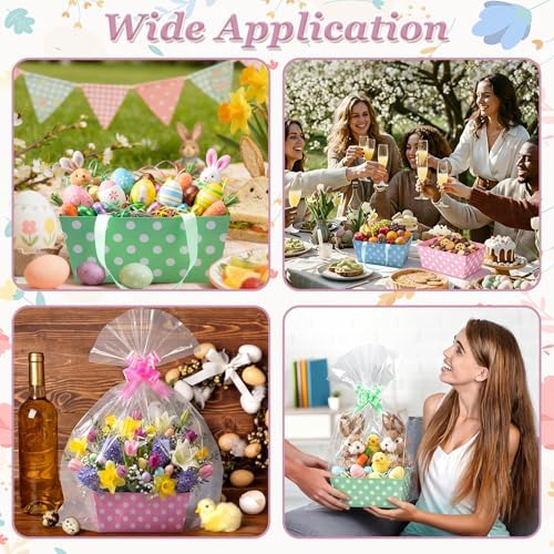 Moinchore 12 Set Pastel Polka Dot Basket for Gifts Empty 9.8x6.5'' Cute Macarons Market Tray Cardboard with Bows, Cellophane Bags, Twist Tiles, Empty to Fill for Summer Wedding Holiday Party Supplies