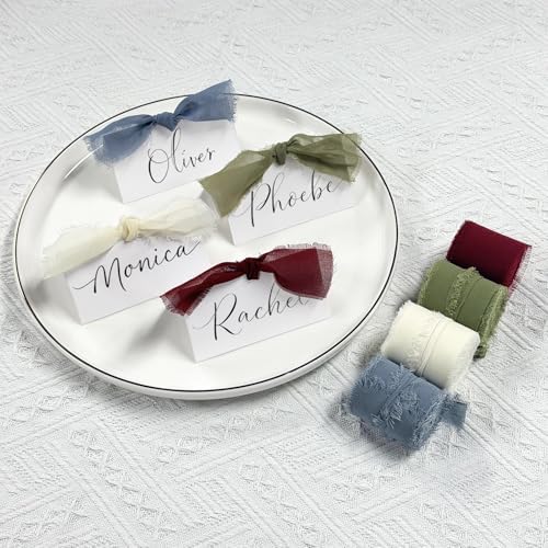 50Pcs Premium Place Cards, Small Table Cards with Green Ribbon, 2" x 3.5" Tent Card, Name Card, Wedding Place Cards for Wedding, Valentines Day, Table, Dinner Parties, Seating Card