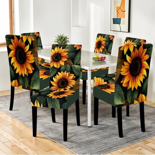 Sunflower Chair Covers for Dining Room – Stretch Floral Slipcovers with Bright Yellow Sunflowers on Dark Background – Washable Decorative Seat Protectors for Kitchen, Summer, Farmhouse Decor,Set of 6