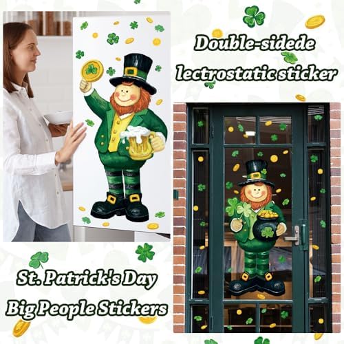 3 Sheets Extra Large St Patrick's Day Leprechaun Window Cling Stickers 13.4X34.6 inch, Green Shamrock Irish Style Window Decals Double Sided for Home Office Spring Party Decoration