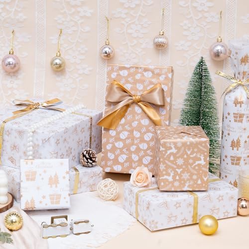 Larcenciel Christmas Tissue Paper for Gift Bags, Rose Gold Holiday Gift Wrapping Tissue, Metallic Snowflake Deer Santa Tree Design Perfect for Xmas Packaging Supplies Stuffing Craft. 60 Sheets 20x14in