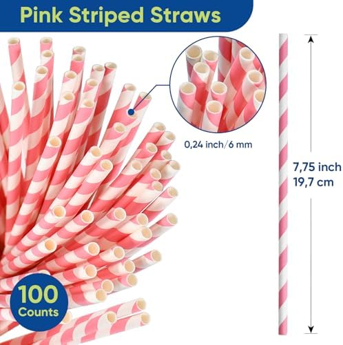 7.75" Pink Straws, Pink White Striped Paper Drinks Straws Disposable 100 ct