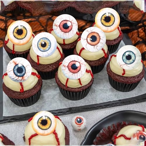 60 PCS Edible Eyeballs Cupcake Toppers Wafer Paper Horror Eyeballs Cupcake Picks Edible Dessert Sprinkles Bloody Eyes Halloween Cupcake Decorations for Halloween Party Cake Decorations Supplies