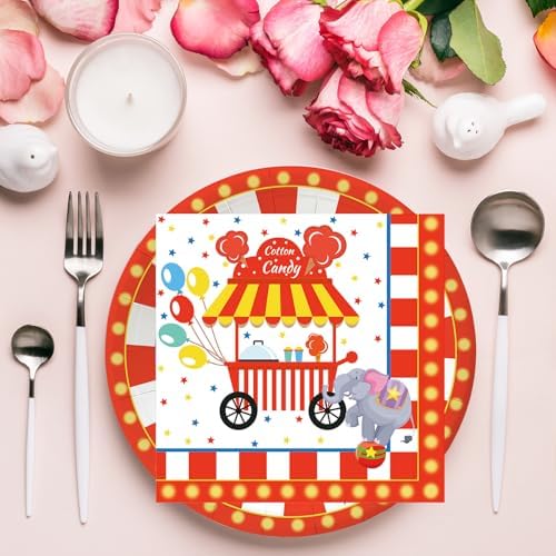 50Pcs Carnival Plates and Napkins Party Supplies, Disposable Circus Birthday Theme Paper Plates Napkins Tableware Set for Baby Shower Birthday Party Decorations (Carnival)