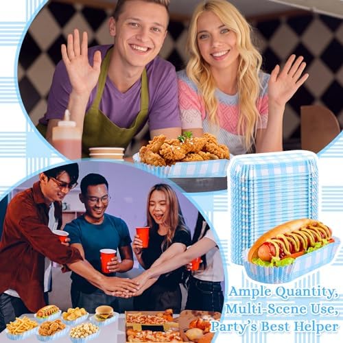 Yinkin 300 Pcs Paper Hot Dog Trays Food Trays 6 Inch,Blue,Checkered