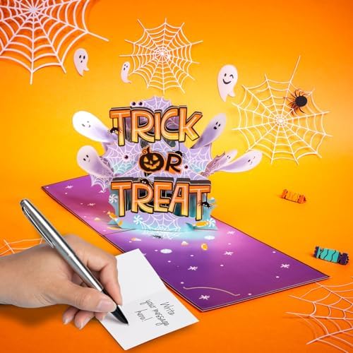 POPWOW Trick Or Treat Pop Up Card, Happy Halloween, Ghost, Spider Silk, Scary 3D Greeting Cards, Gifts for Boy, Girl, Friend, Kid, Brother, Sister, 5x7 - Includes Envelope And Message Note