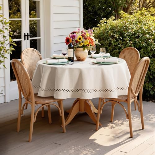 MIULEE Beige 60 Inch Round Linen Tablecloth with Decorative Cutouts