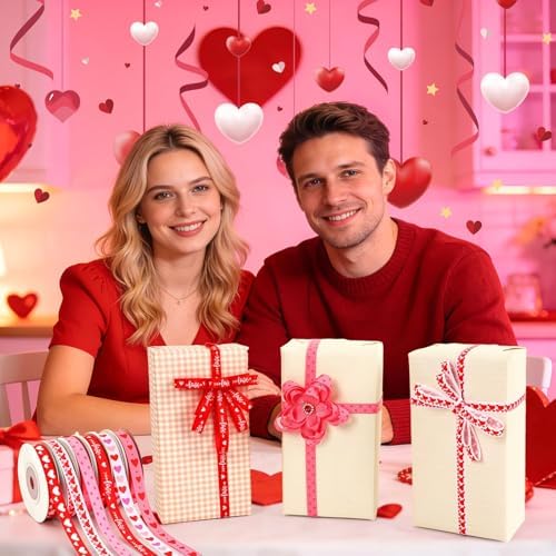 DECYOOL Valentine Ribbon, 6 Rolls 60 Yards Heart Grosgrain Craft Ribbons