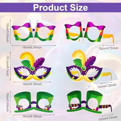 Threan 48 Pcs Mardi Gras Paper Eyeglasses Party Decor Garland Crown Mask Costume Photo Booth for New Orleans Favor Decor