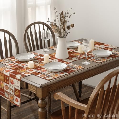 Artoid Mode Pumpkin Maple Leaf Plaid Fall Placemats Set of 4-12 x 18 Inch