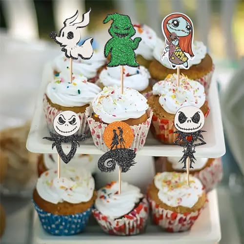 Rsstarxi 24 Pack Jack Skellington Halloween Cupcake Toppers Glitter Skull Ghost Cupcake Picks Decorations for Halloween Horrible Baby Shower Birthday Party Cake Decorations