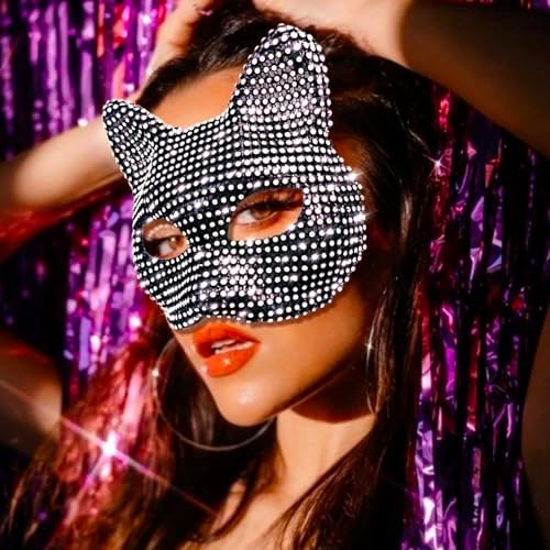 Cat Costume for Women - Collar Choker, Gloves, Rhinestone Mask, Tail & Accessories