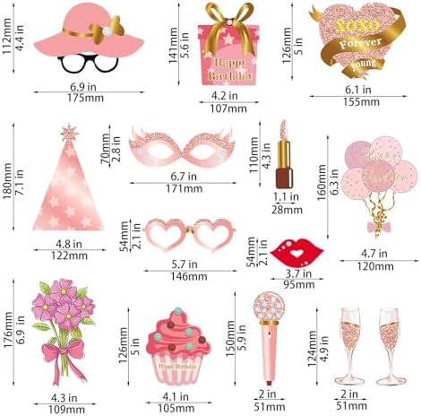 33 Pcs Rose Gold Photo Booth Props, Happy Birthday Table Centerpieces & Party Favor Supplies for Women's Birthday Celebration Decorations