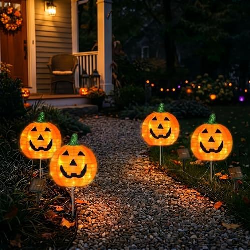 BRIGHTDECK Halloween Solar Pathway Lights Outdoor, LED Decor, Light Up Solar Stake Lights for Holiday, Halloween, Walkway, Sidewalk (Foldable Pumpkin, 4-Pack)