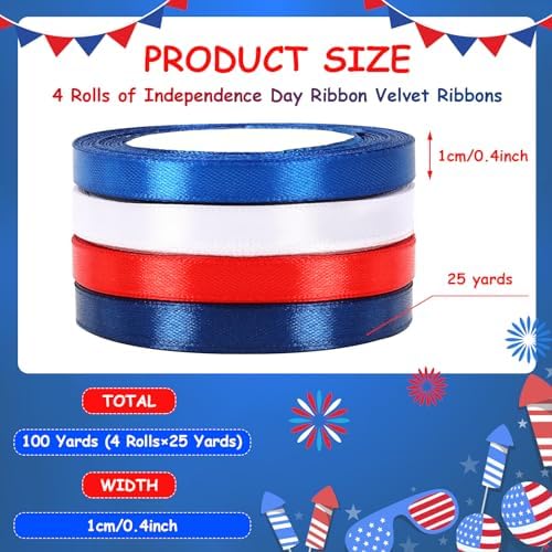 DECYOOL 4 Rolls 100 Yds 4th of July Ribbon Red White Blue Patriotic Ribbons
