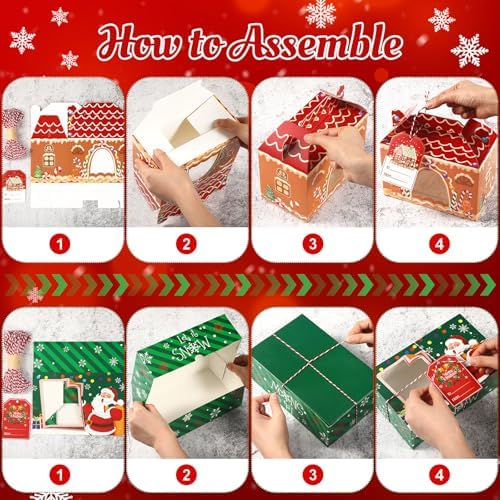 Cinnvoice 24 Pcs Christmas Cookie Boxes with Window Tags Strings,Joy
